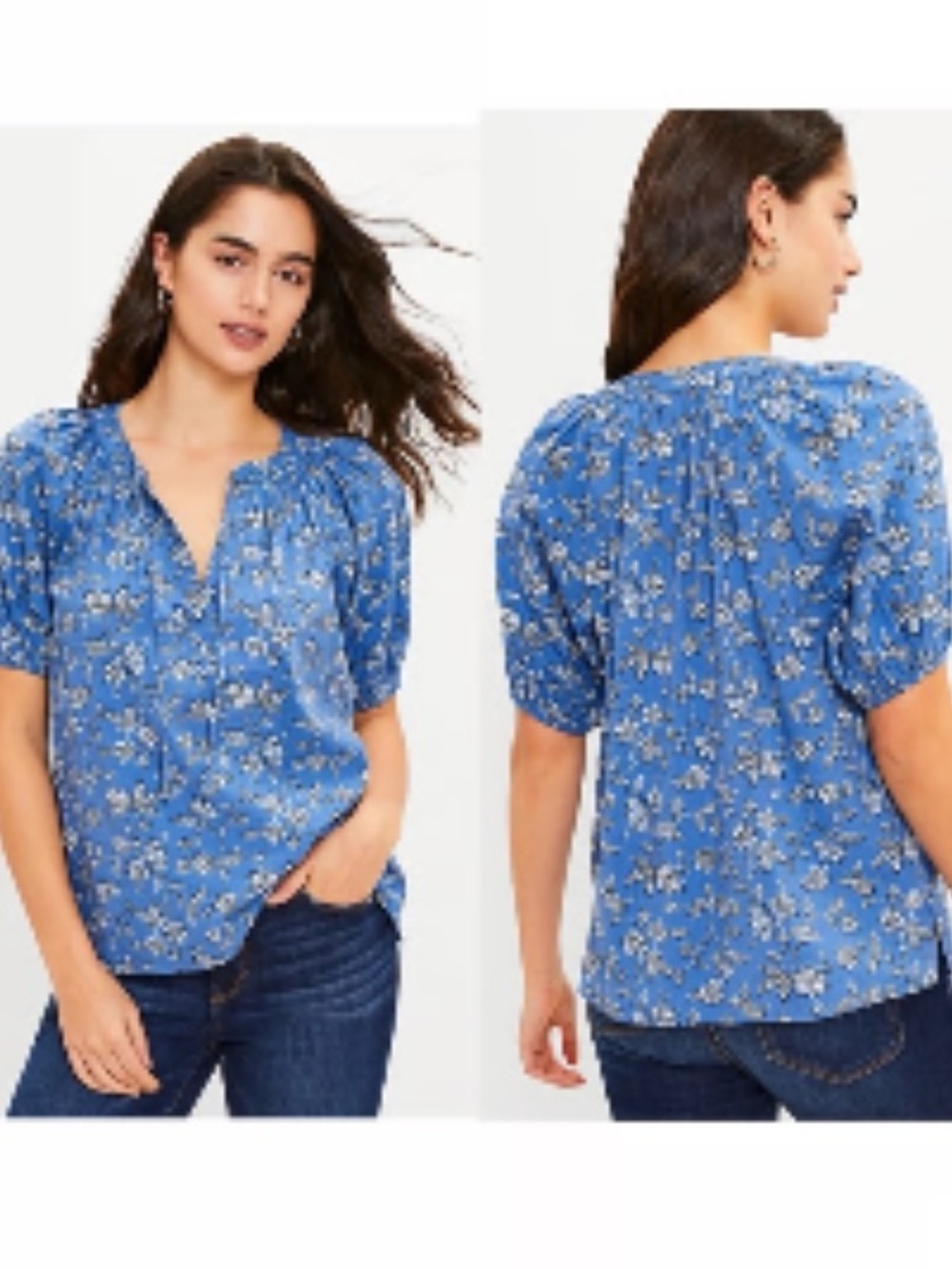 👗LOFT Blue Floral Puff-Sleeve Women's Top